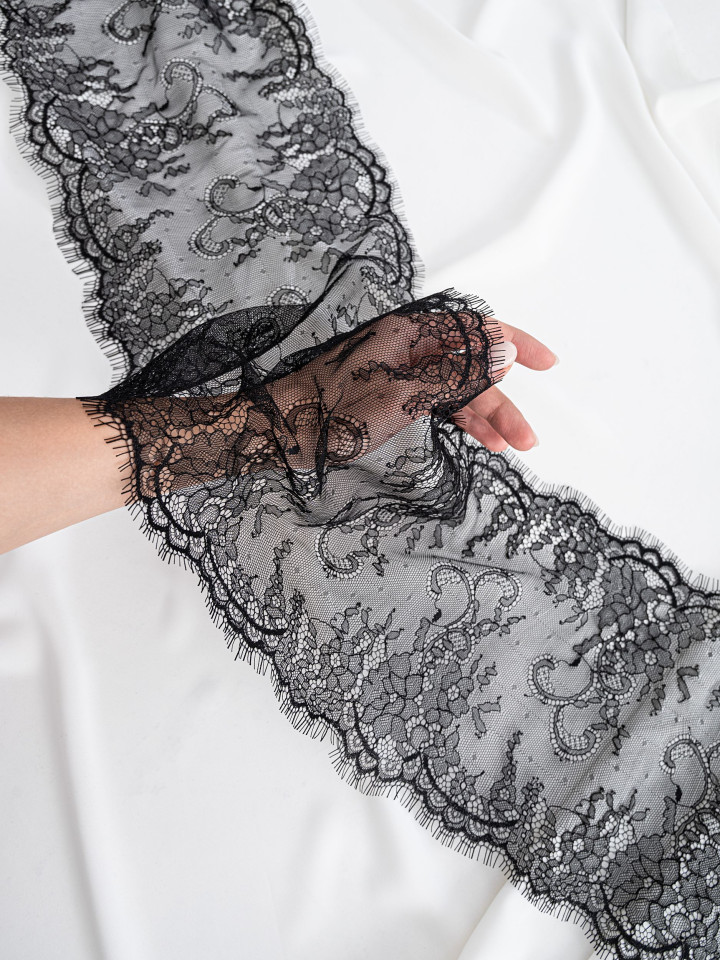 Кружево с ресничками шантильи Р420 (цена за купон 300см*21см) чёрный