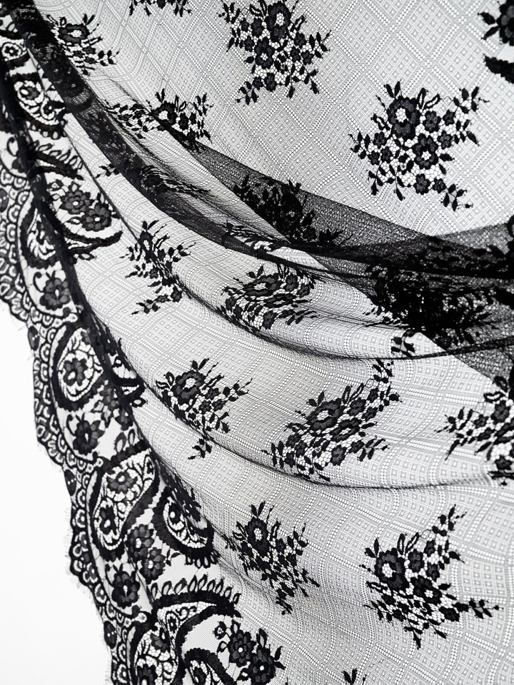 Кружево с ресничками шантильи Р423 (цена за купон 150см*290см) чёрный