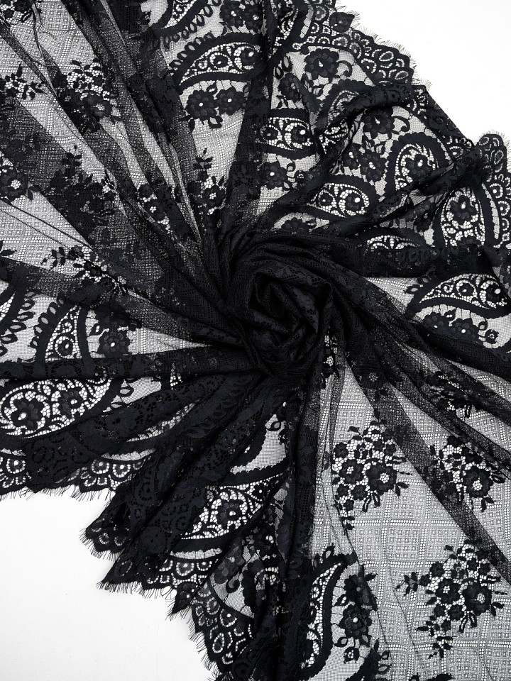 Кружево с ресничками шантильи Р423 (цена за купон 150см*290см) чёрный