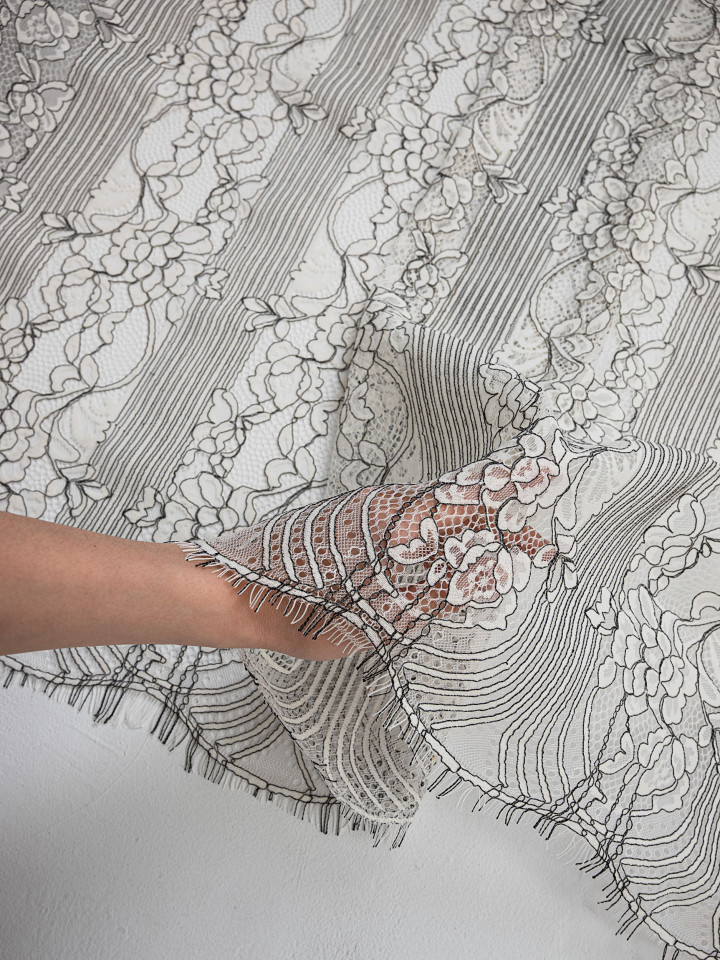 Кружево с ресничками шантильи Р431 (цена за купон 74см*280см) белый, чёрный