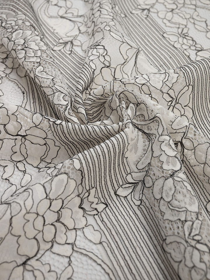 Кружево с ресничками шантильи Р431 (цена за купон 74см*280см) белый, чёрный