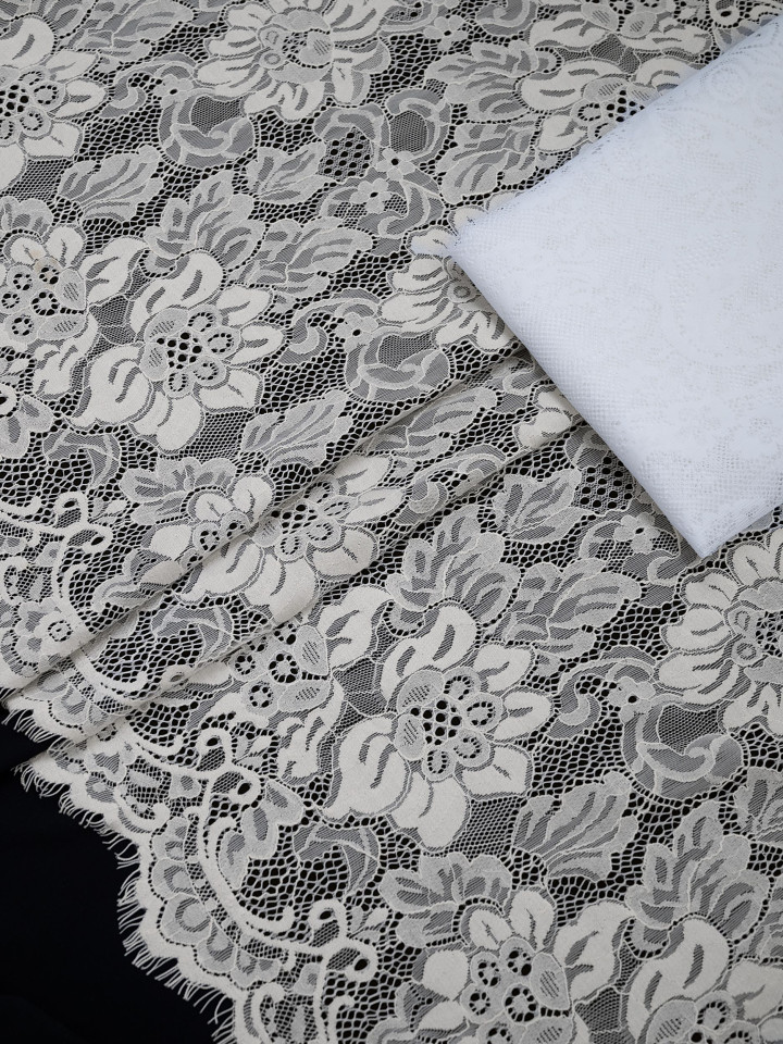 Кружево с ресничками шантильи Р434 (цена за купон 60см*150см) молочный