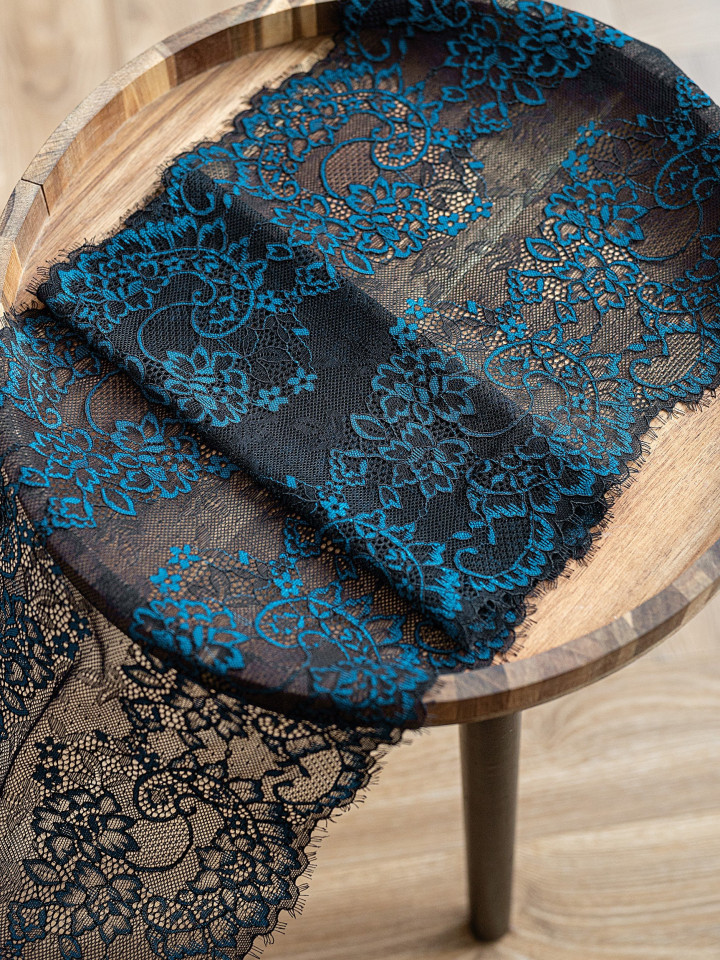 Эластичное кружево Э691п цвет чёрный, морская волна