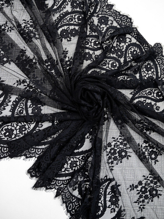 Кружево с ресничками шантильи Р423 (цена за купон 150см*290см) чёрный